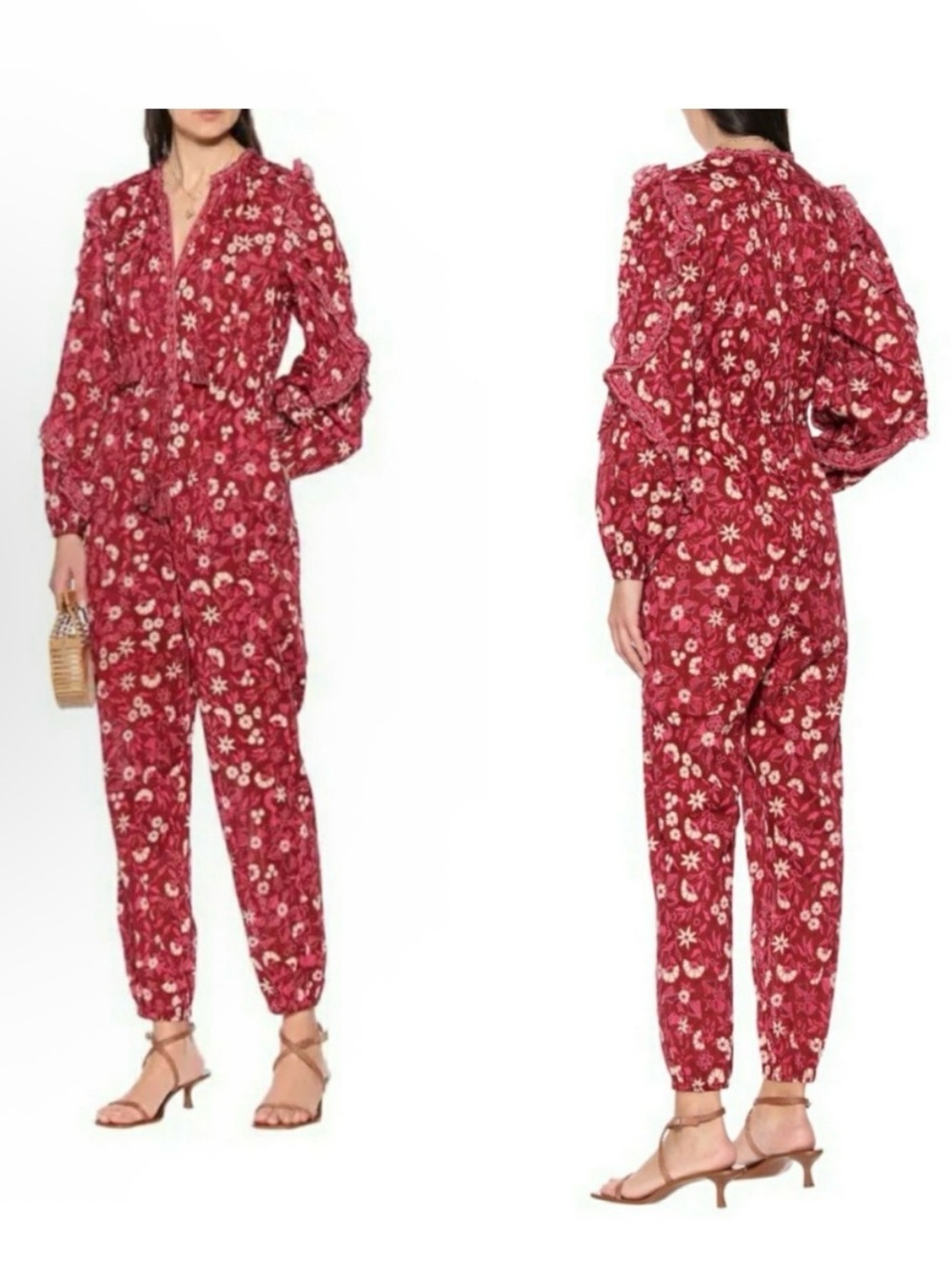 Ulla Johnson Delphine Raspberry Floral Zip-Front Long-Sleeve Jumpsuit - Picture 3 of 7